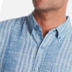Weatherproof Casual Dress Shirt Men Large Linen Blue Striped Short Sleeve Button